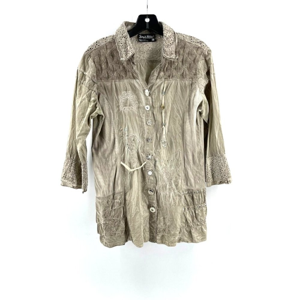 Tango Mango Women's Embroidered Crochet Rhinestone Boho Tunic Shirt Top Size Med
